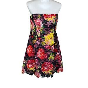 Adrianna Papell Floral Dress 10 Lace Overlay Cocktail Artsy Indie Twee Strapless